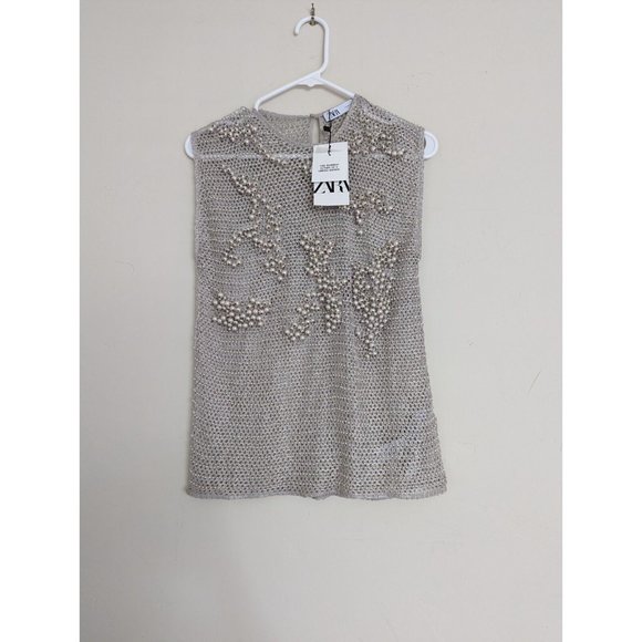 ZARA KNITWEAR TOP WITH FAUX PEARLS LIMITED EDITION LIGHT GREY S M REF. 7521/107 - Picture 8 of 12